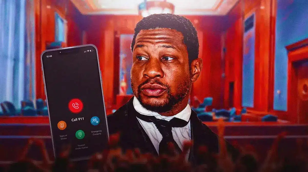 Jonathan Majors in court with 911 on a cell phone.