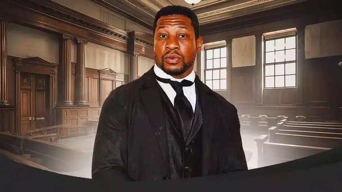 Jonathan Majors in a court room.