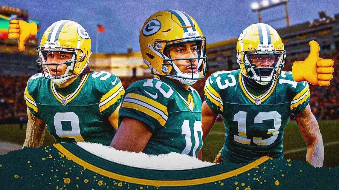 Jordan Love in the middle Dontayvion Wicks on one side with a thumbs up emoji over him Christian Watson on one side with a thumbs down emoji over him