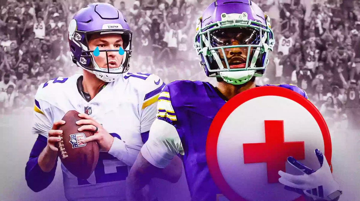 Vikings' Jordan Addison with a first aid it after injury, Nick Mullens in tears
