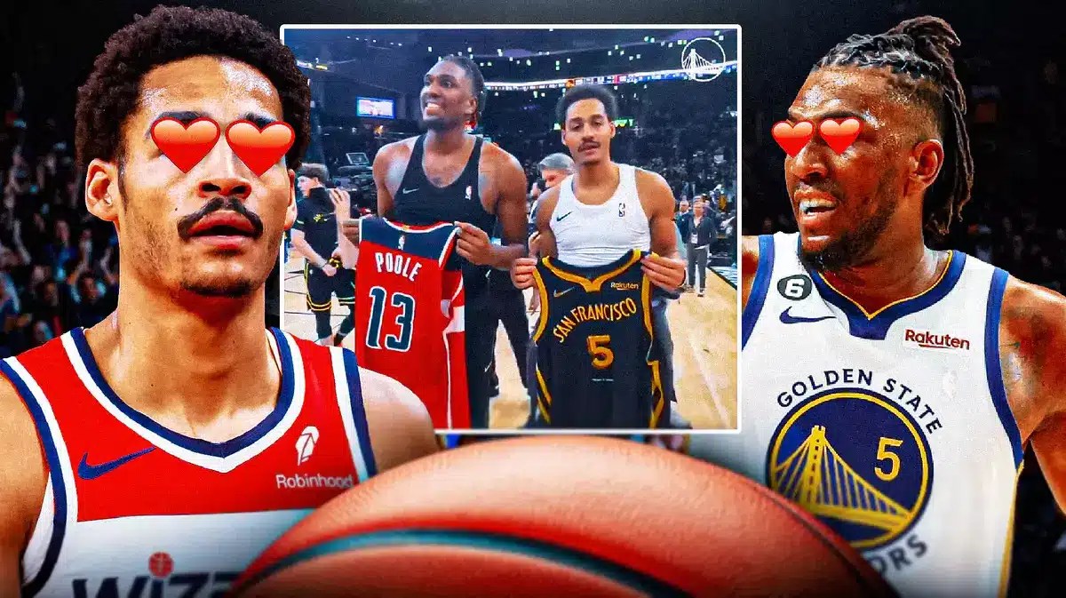Thumb: Jordan Poole, Warriors' Kevon Looney with heart eyes. add screenshot attached as insert.