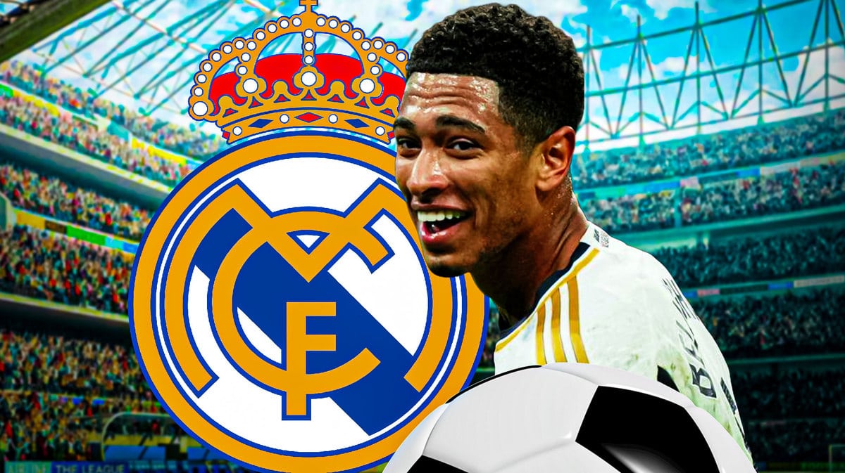 Jude Bellingham celebrating in front of the Real Madrid logo