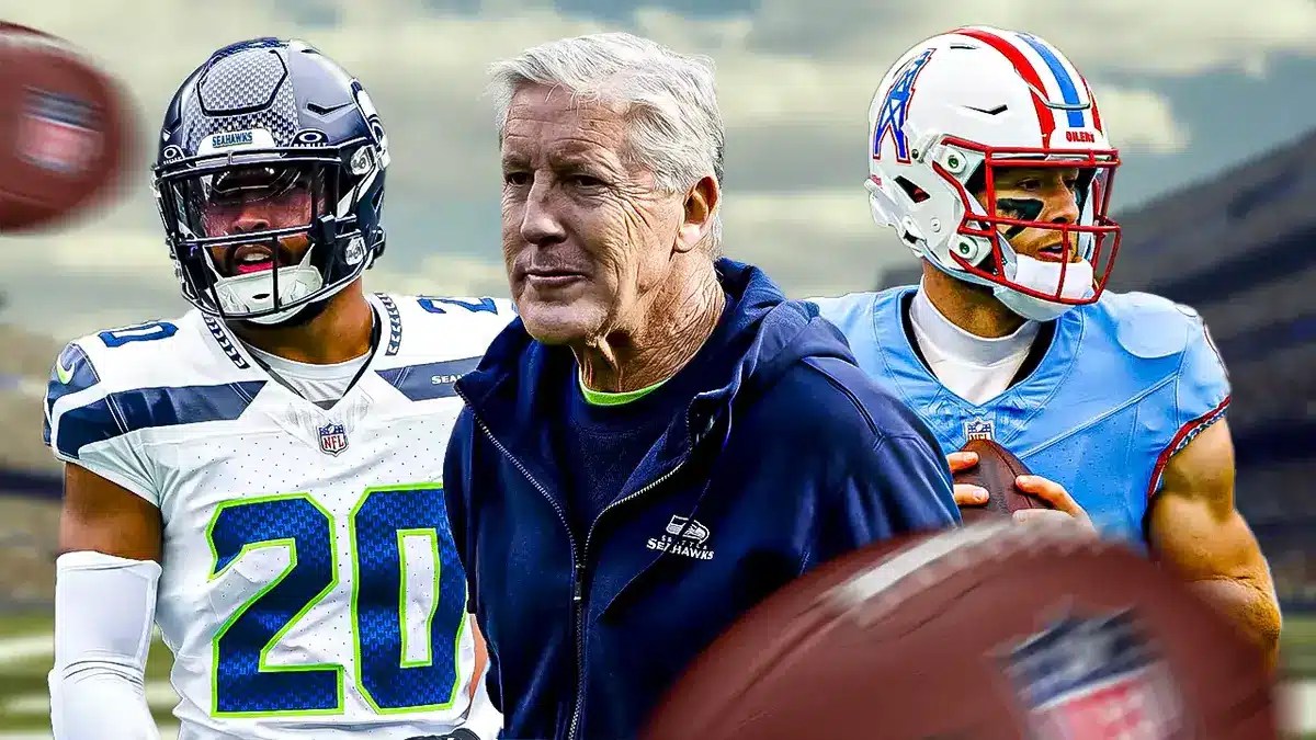 Seahawks Julian Love with Pete Carroll and Titans Will Levis