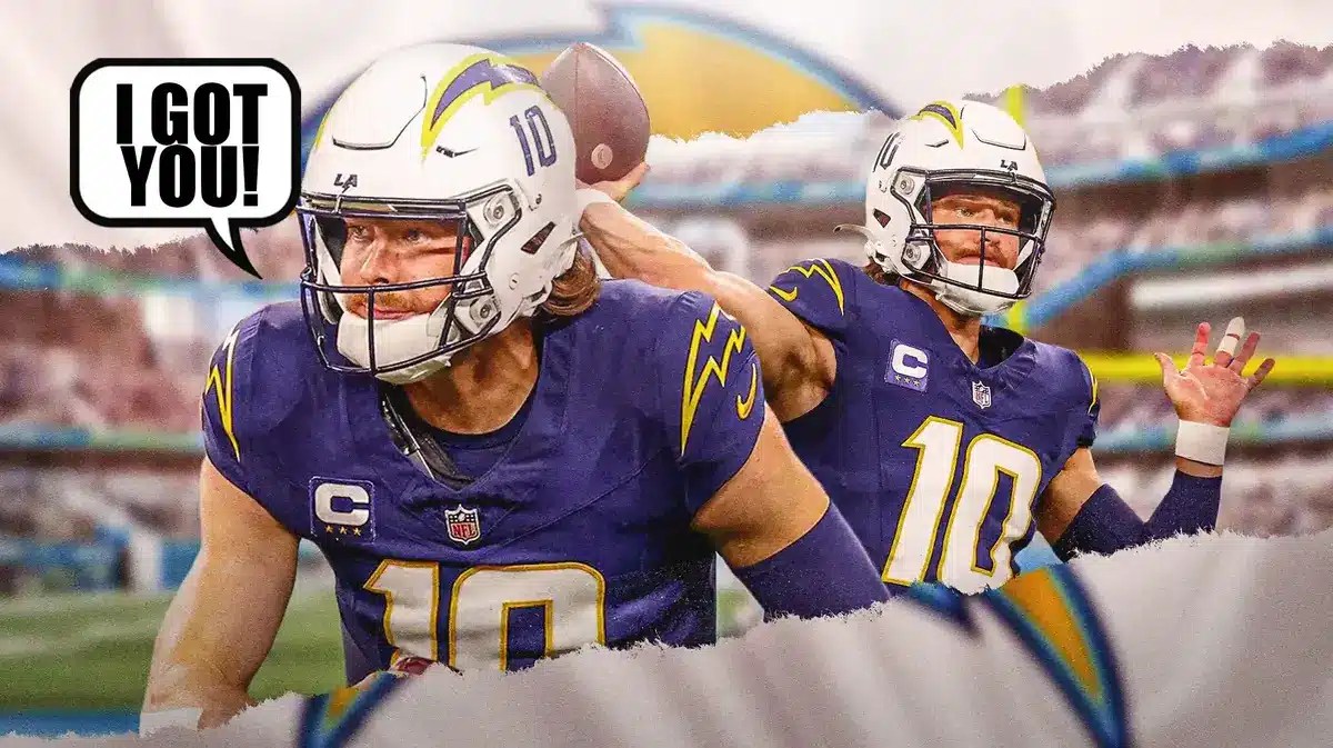 Thumb: Justin Herbert saying, “I got you!” while holding a broken hand.