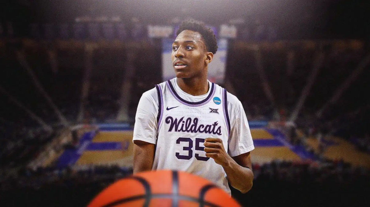 Kansas State basketball, Nae'Qwan Tomlin, Nae'Qwan Tomlin suspension, Nae'Qwan Tomlin dismissed, Wildcats, Nae’Qwan Tomlin in Kansas State uni with Kansas State basketball arena in the background