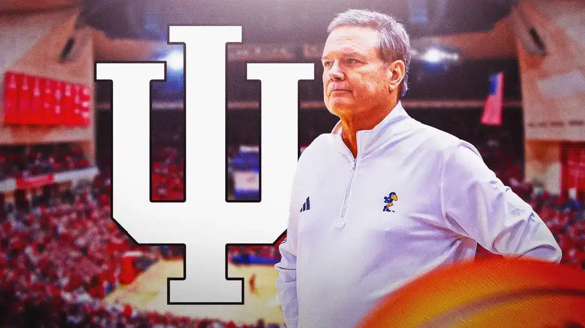 Bill Self next to Indiana University logo