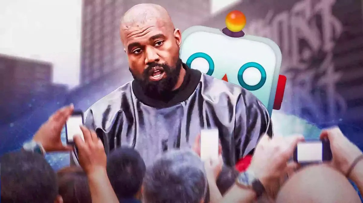 Kanye West with an AI image behind him.