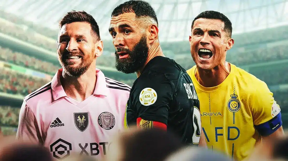 Karim Benzema in the middle, Lionel Messi and Cristiano Ronaldo on the sides