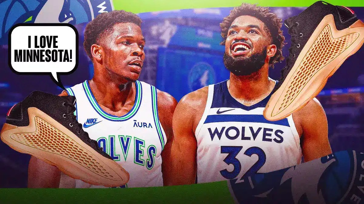 Thumbnail: Anthony Edwards saying “I love Minnesota!” And Karl-Anthony Towns smiling. Can we put Anthony Edwards’ signature salmon pink AE1 shoe in the thumbnail next to them? Or something like that! Thanks!