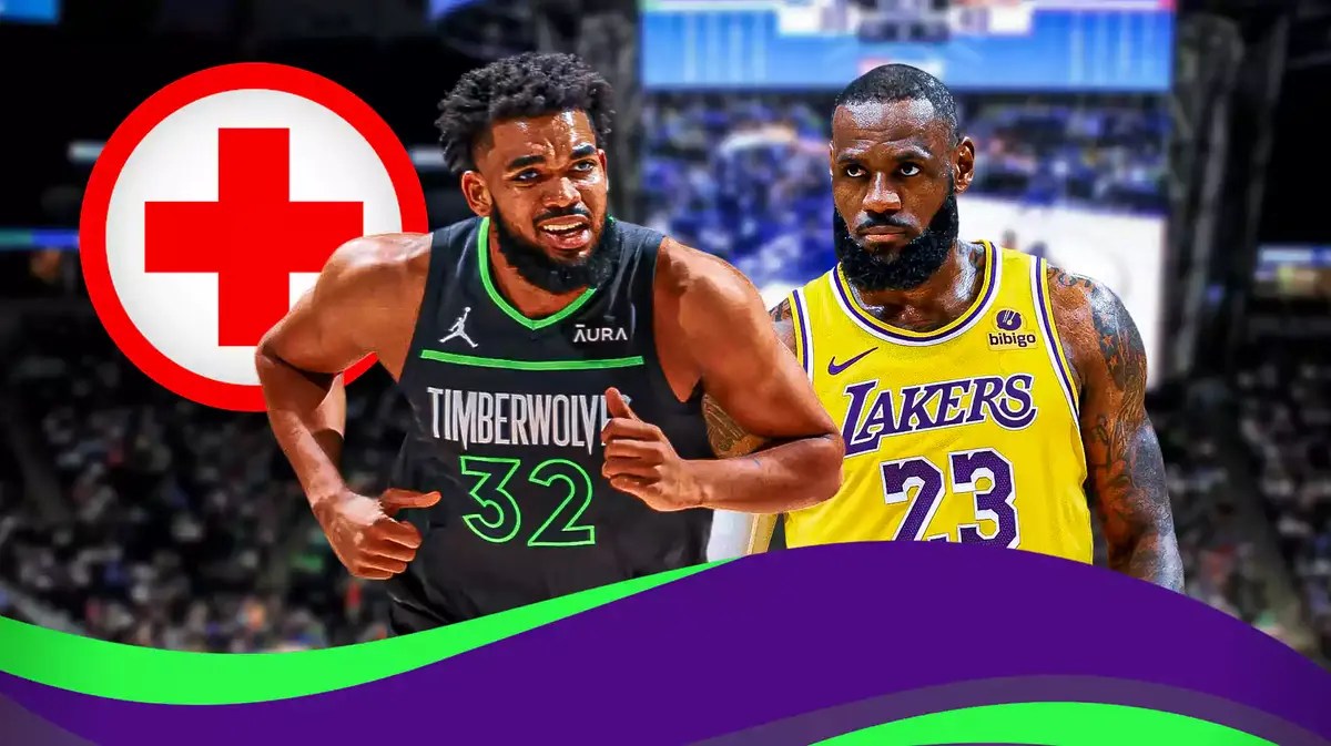 Karl-Anthony Towns with injury symbol with LeBron James off to the side.