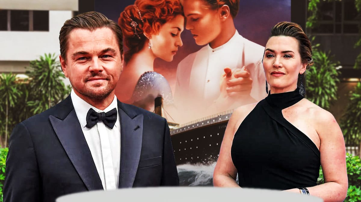 Leonardo DiCaprio and Kate Winslet with a scene from Titanic behind them.