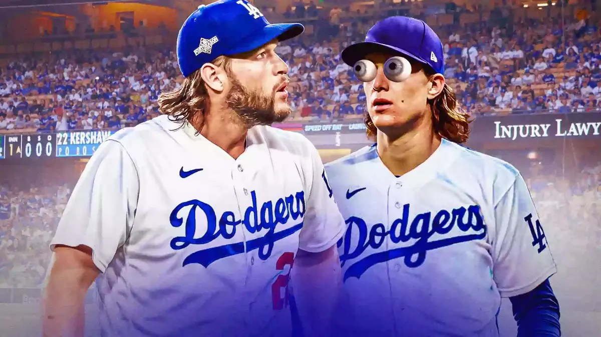 Dodgers' Tyler Glasnow eyes popping out looking at Dodgers' Clayton Kershaw