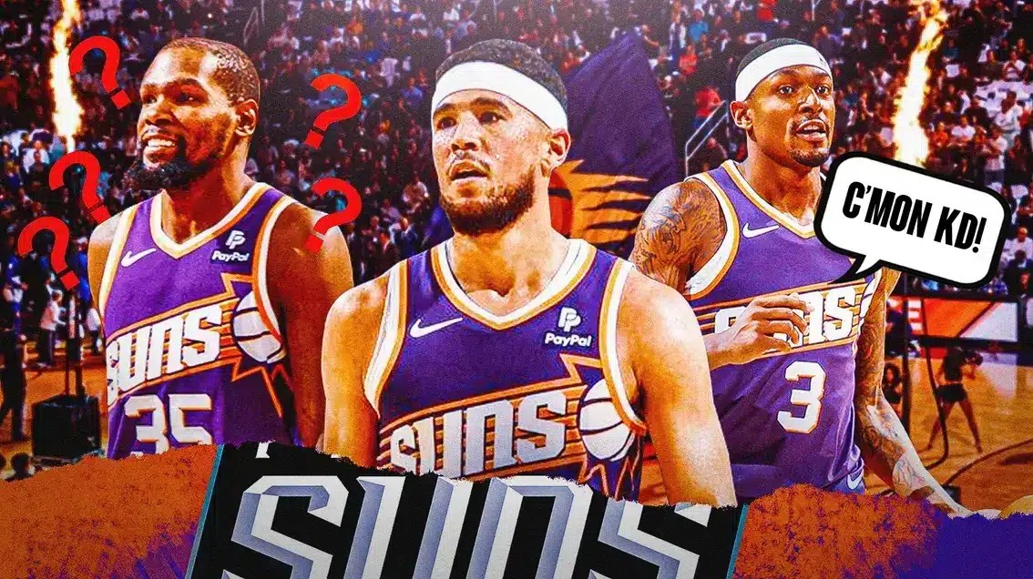Devin Booker and Bradley Beal saying "C'mon KD" next to Kevin Durant