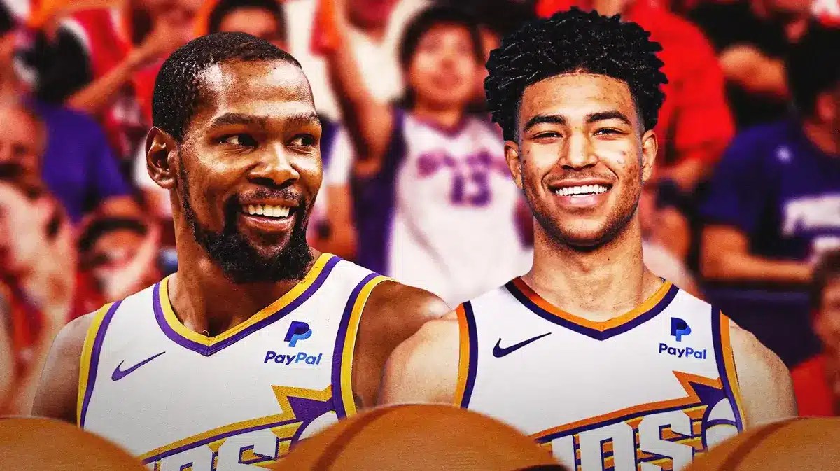 Photo: Kevin Durant and Quentin Grimes in their jerseys, both smiling with fans behind them