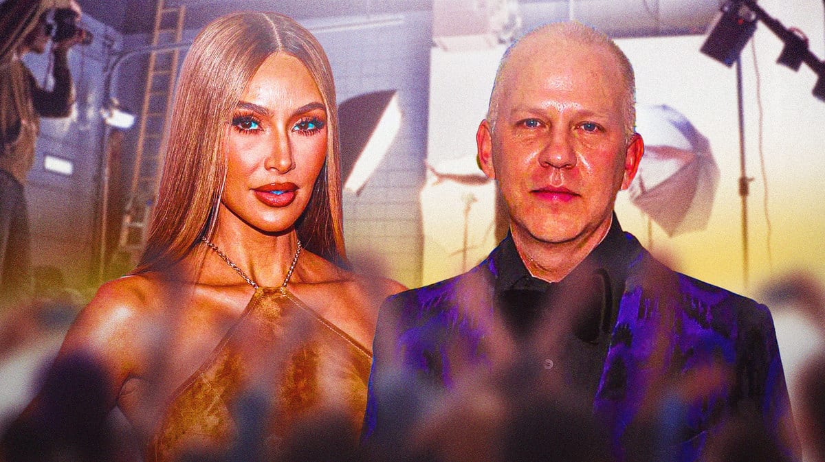 Kim Kardashian and American Horror Story co-creator Ryan Murphy with film set background.