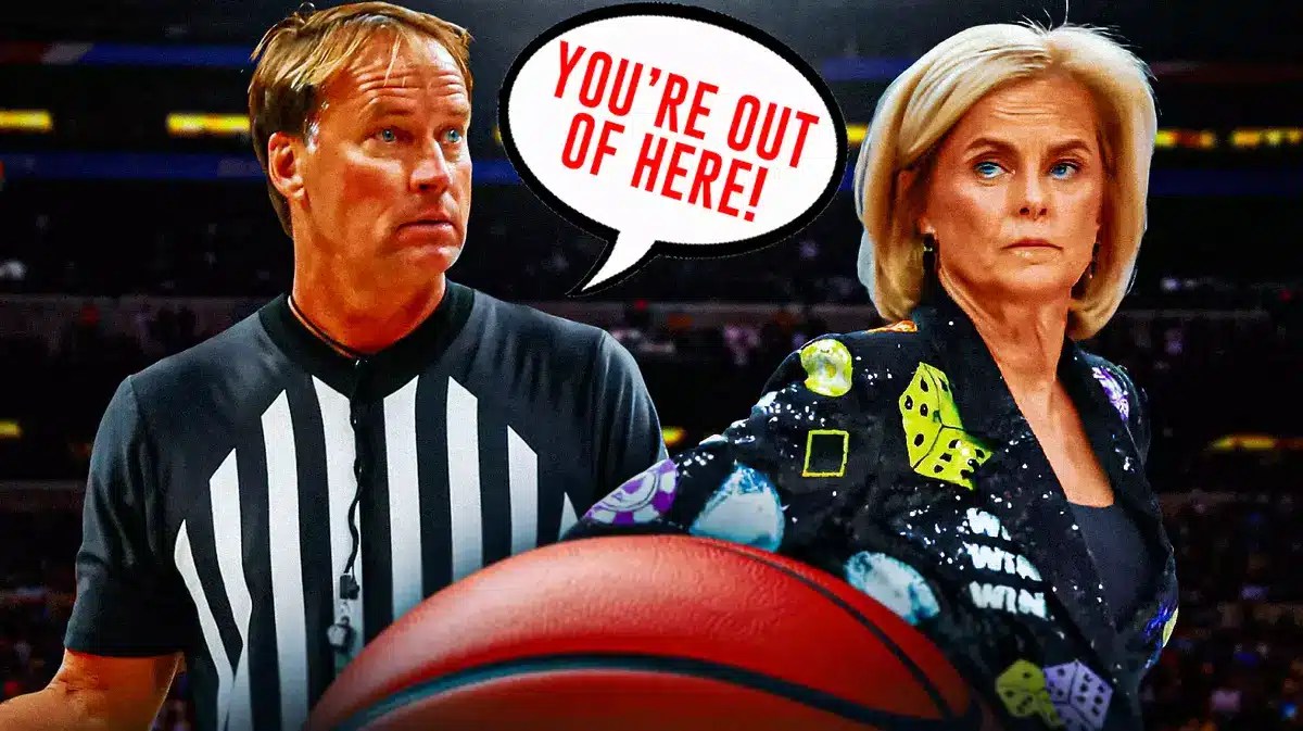 LSU women’s basketball coach Kim Mulkey, with a smirk/smile on face, and an NCAA basketball referee with a text bubble saying “You’re out of here!”