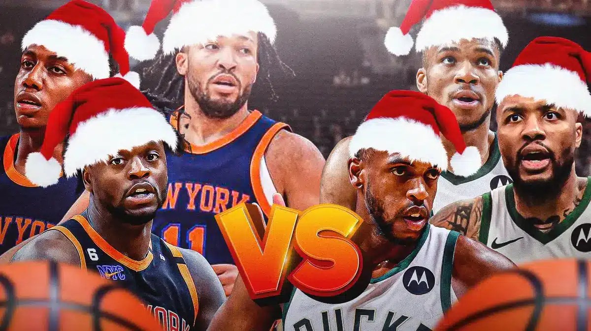Photo: Julius Randle, Jalen Brunson, RJ Barrett in Knicks jerseys VS Giannis Antetokounmpo, Damian Lillard, Khris Middleton in Bucks jerseys, put Santa hats on all of them