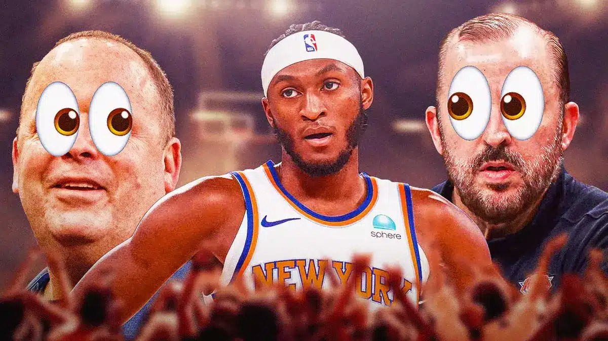 Photo: Immanuel Quickley in action in Knicks jersey, Leon Rose, Tom Thibodeau in background with peeping eyes