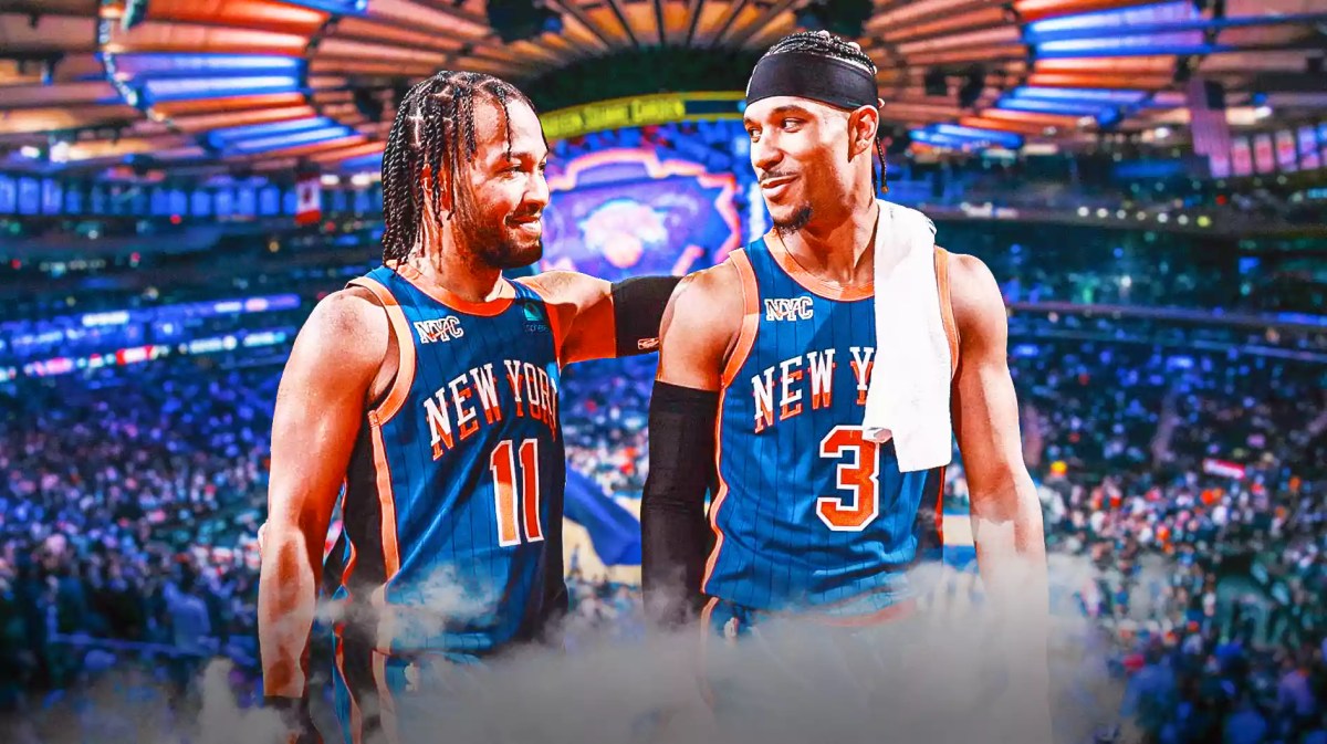 Josh Hart and Jalen Brunson with the Knicks arena in the background