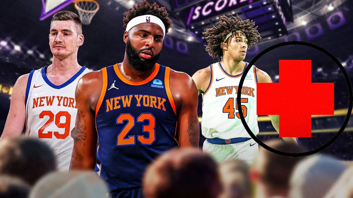Mitchell Robinson, Jericho Sims and Dmytro Skapintsev in a Knicks jersey with the Knicks arena in the background, also include an injury/medical red cross