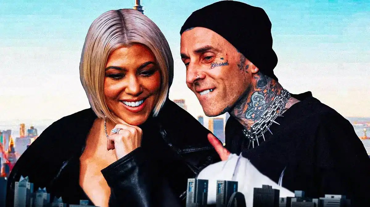 Kourtney Kardashian and Travis Barker smiling at one another.