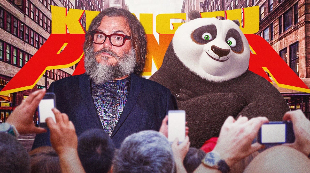 Jack Black and Po in front of Kung Fu Panda logo.