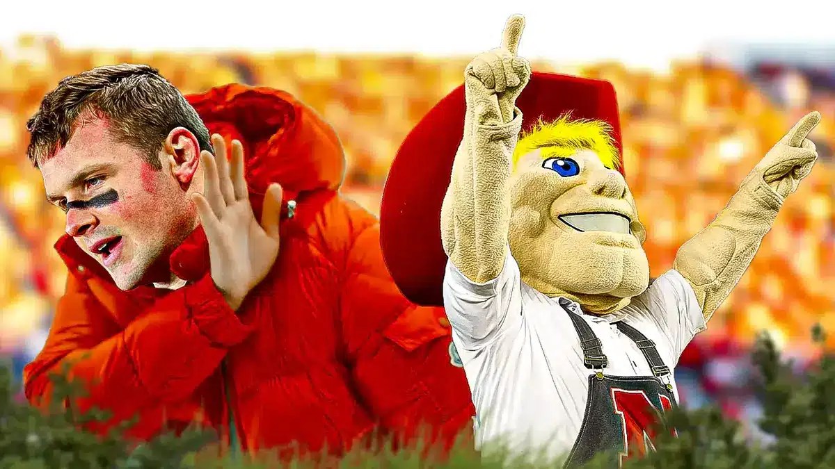 Kyle McCord (Ohio State football) as the Drake No meme with the Nebraska Cornhuskers mascot/logo on the right
