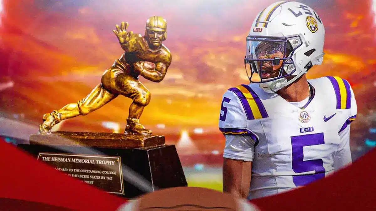 Thumb: Jayden Daniels saying, “What a life!” while looking at Heisman Trophy.