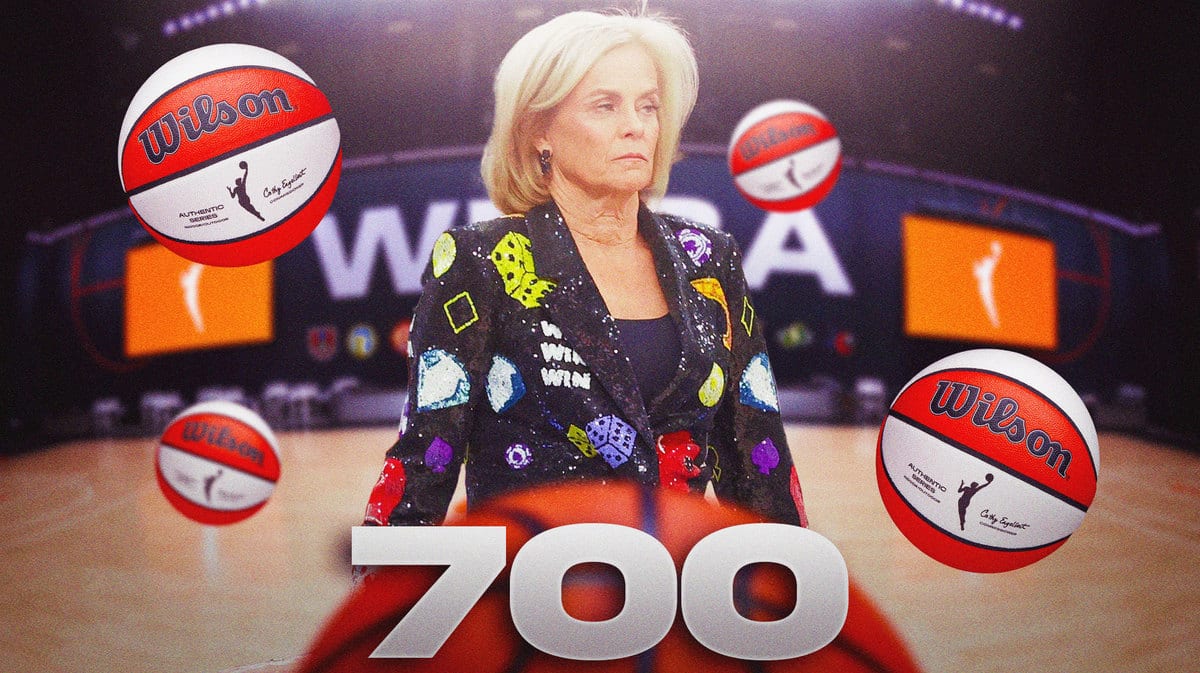 LSU women’s basketball coach Kim Mulkey with basketballs and the number 700