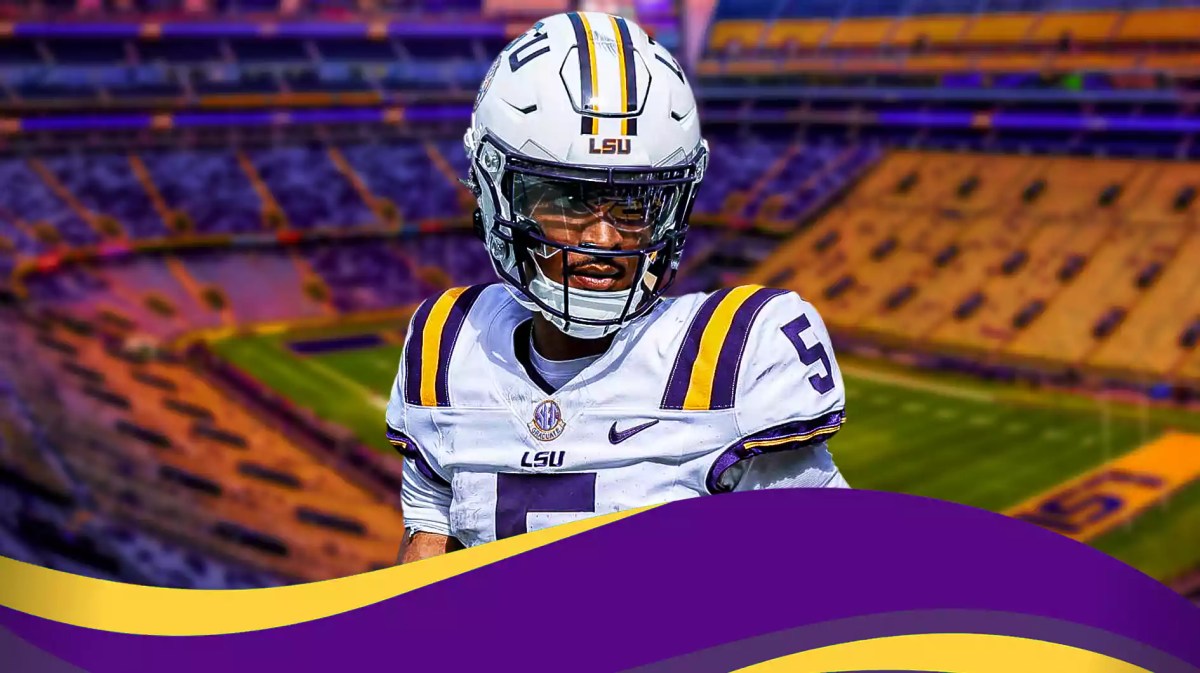 LSU football, Tigers, Heisman votes, Heisman, Jayden Daniels, Jayden Daniels in LSU uni with LSU football stadium in the background
