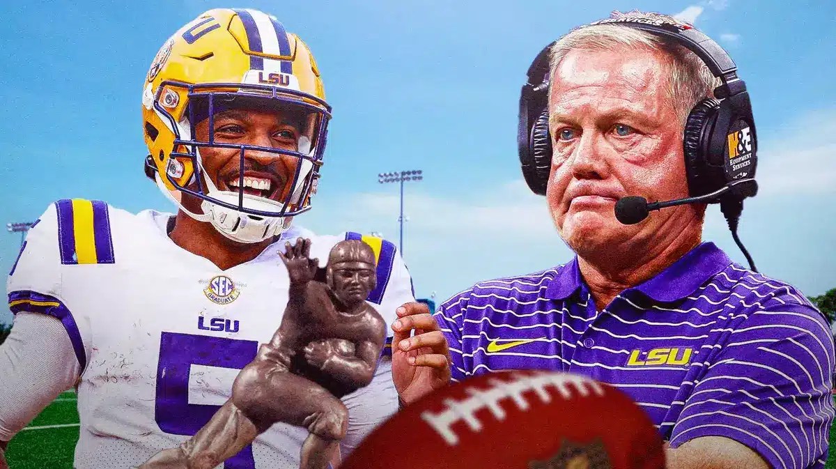 Photo: Brian Kelly in LSU gear with Jayden Daniels holding the Heisman