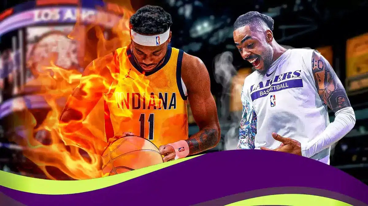 Lakers' D'Angelo Russell with ice on his veins, with Pacers' Bruce Brown on fire