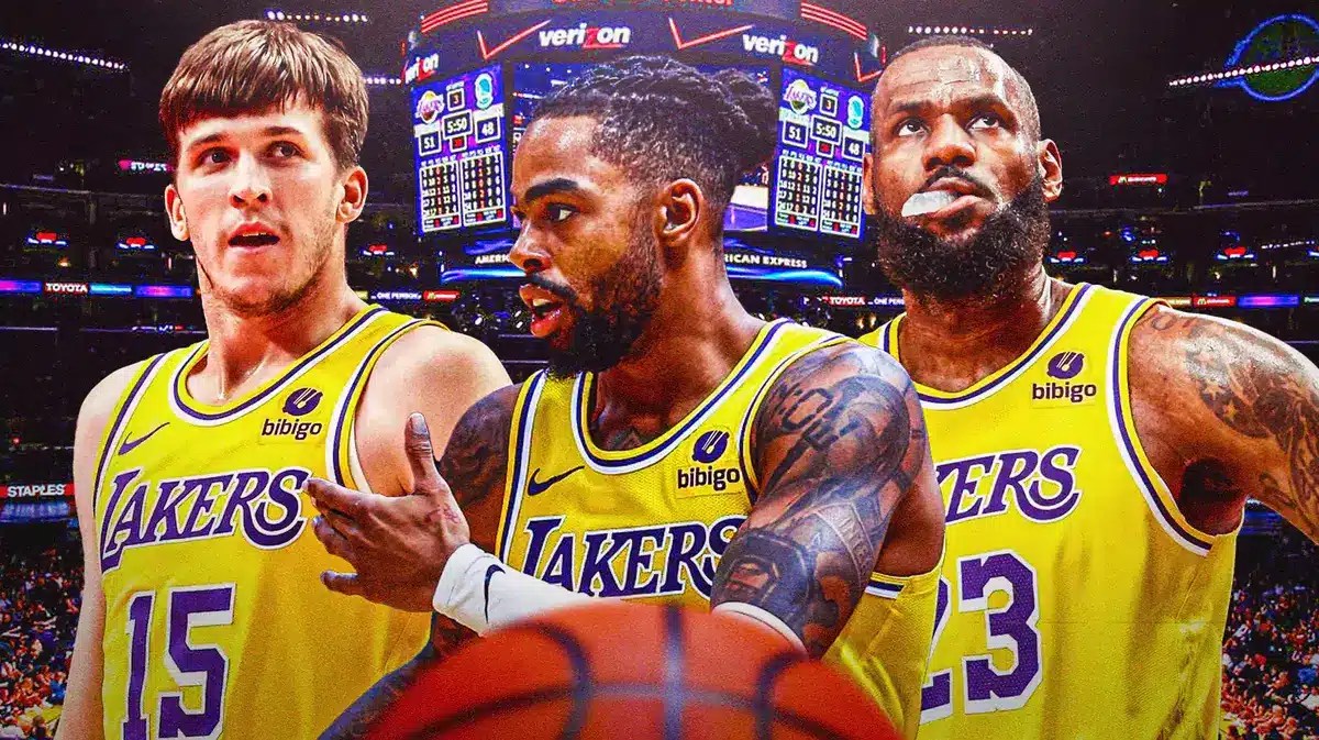 Lakers' D'Angelo Russell beside Austin Reaves and LeBron James