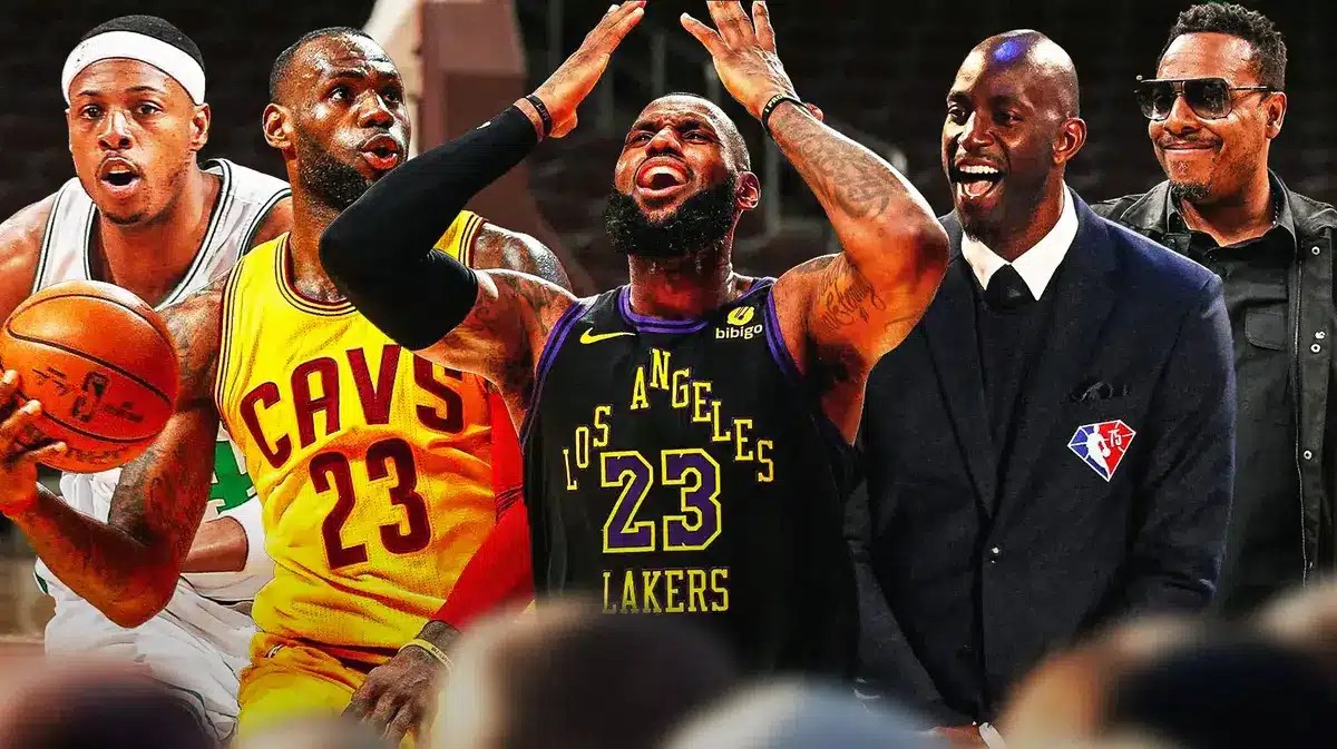 Celtics' Paul Pierce guarding Heat’s LeBron James on the right (2012 ECF), with Lakers' LeBron in the middle looking confused, with current Kevin Garnett and Pierce on the left laughing