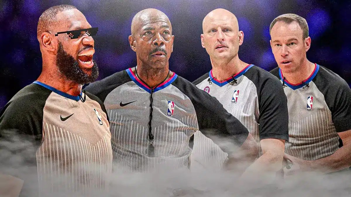 Lakers' LeBron James with the thug life shades on while wearing a referees uniform, with referees Tom Washington, Eric Dalen, and Josh Tiven beside James