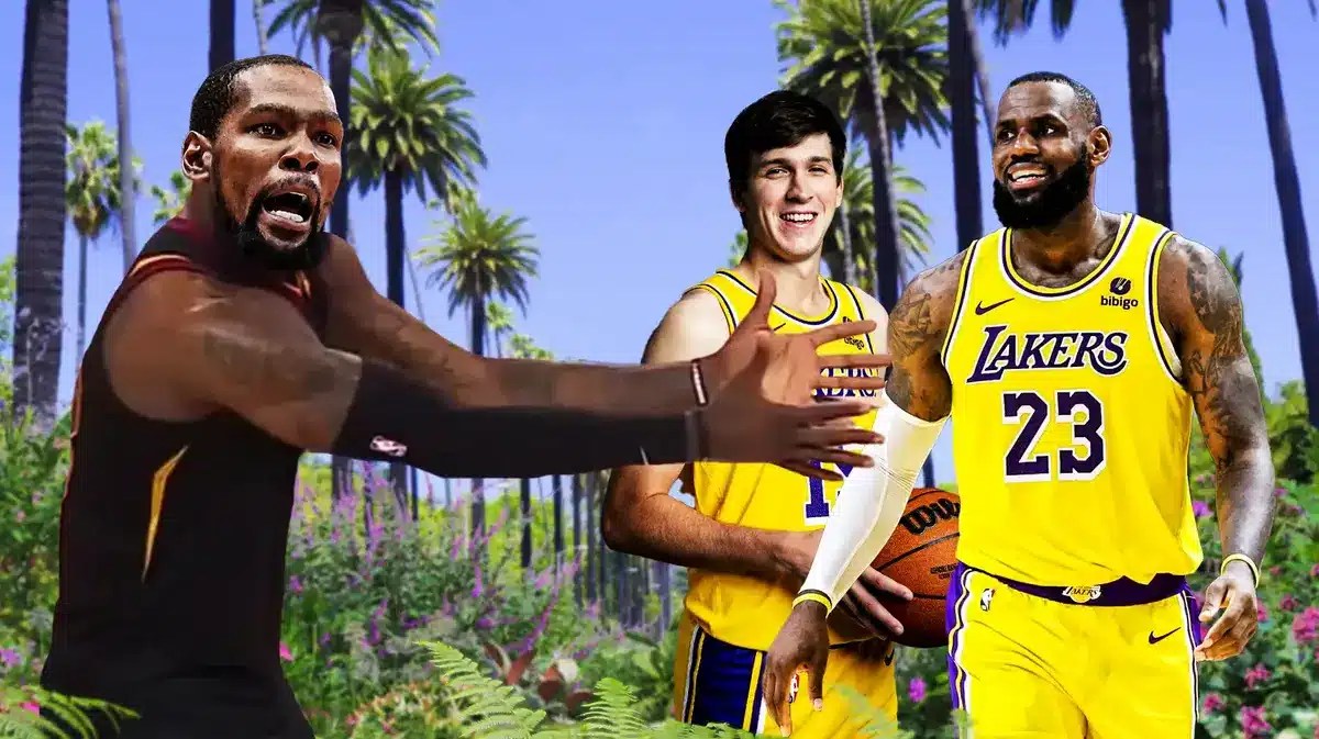 Suns' Kevin Durant as the frustrated LeBron James in the 2018 NBA Finals with Lakers' James and Austin Reaves smiling