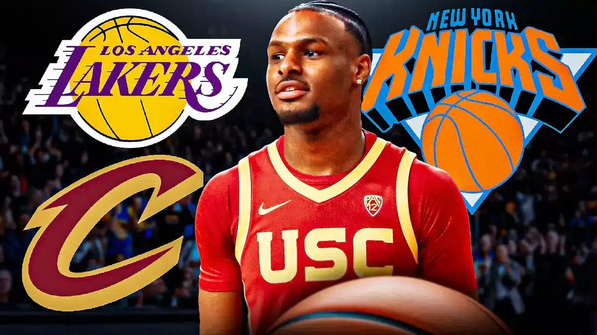 Bronny James with Lakers, Knicks, Cavs logos