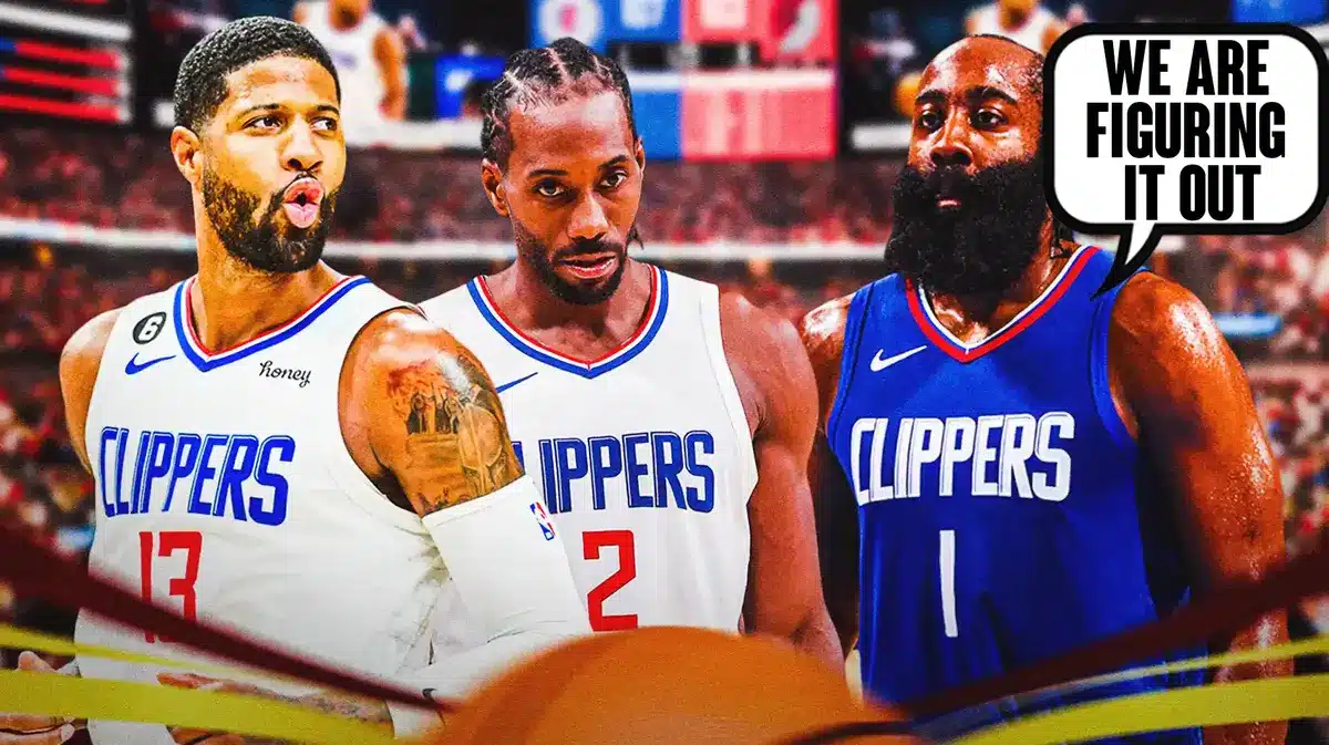 James Harden saying "We are figuring it out" next to Kawhi Leonard and Paul George