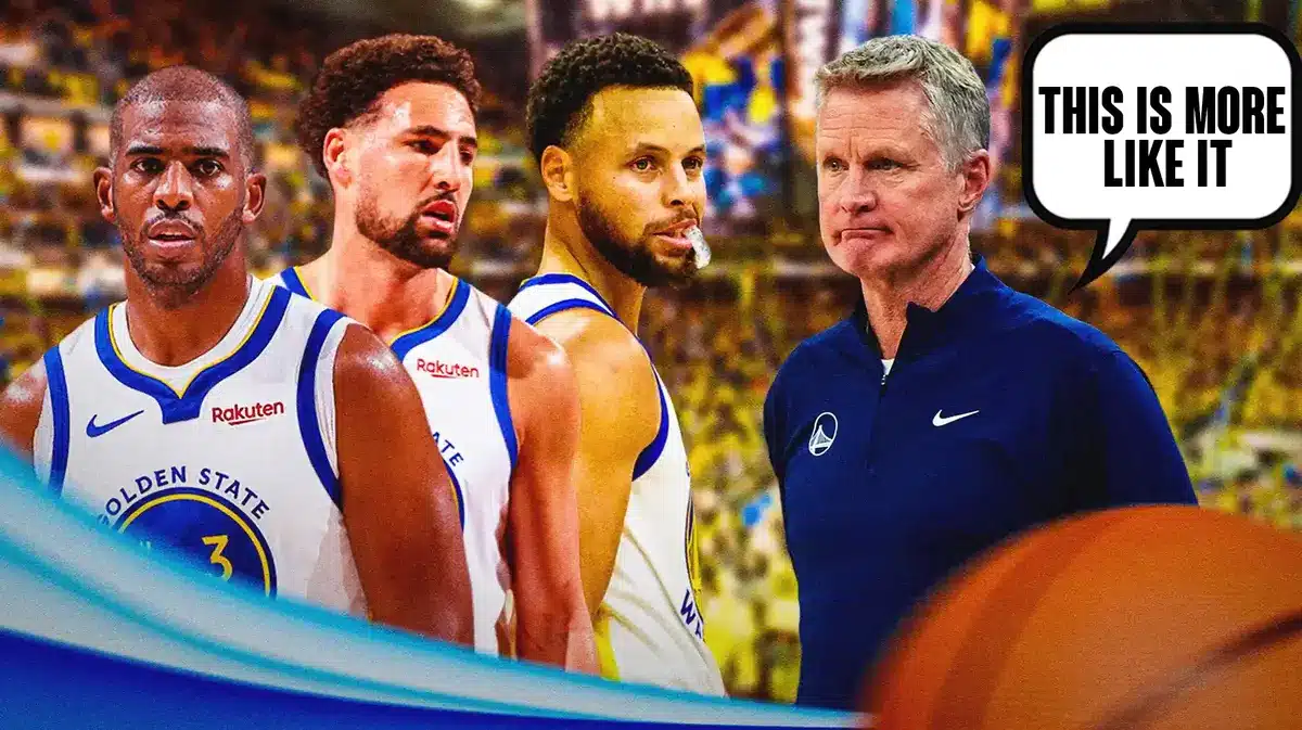 Steve Kerr saying "This is more like it" next to Chris Paul, Klay Thompson and Steph Curry