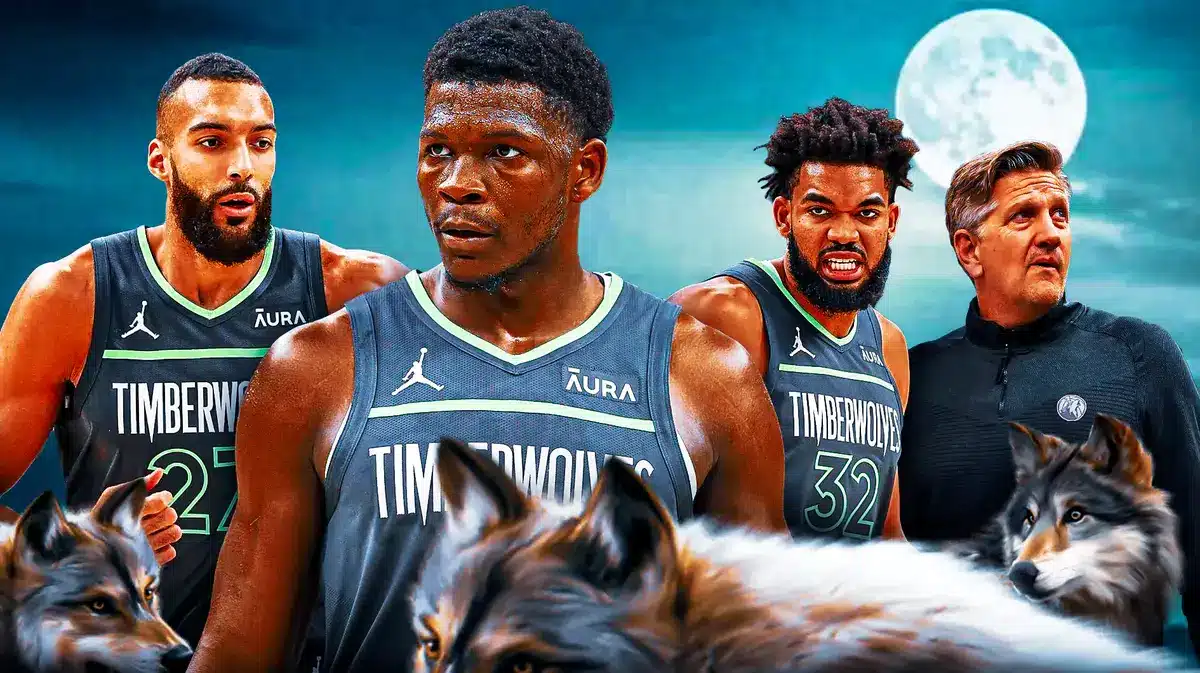 Timberwolves' Anthony Edwards, Rudy Gobert, Karl-Anthony Towns and Chris Finch