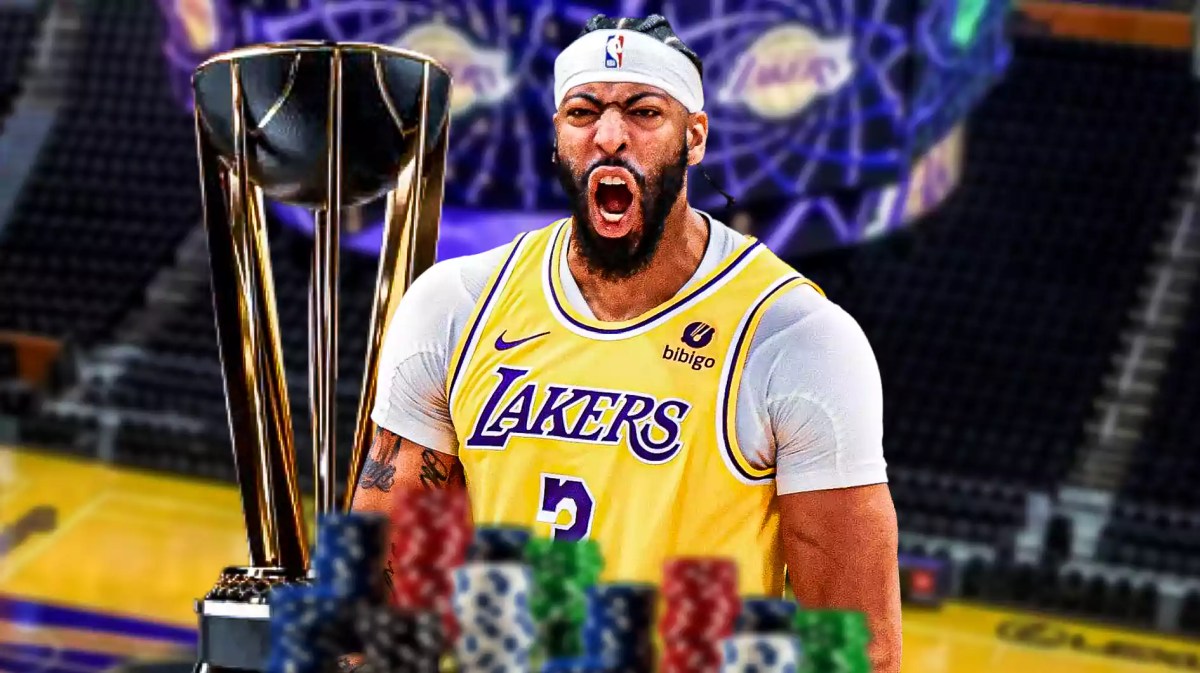 Lakers, Anthony Davis, Anthony Davis Lakers, NBA In-Season Tournament, Pacers, Anthony Davis in Lakers uni with NBA In-Season Tournament championship arena in the background