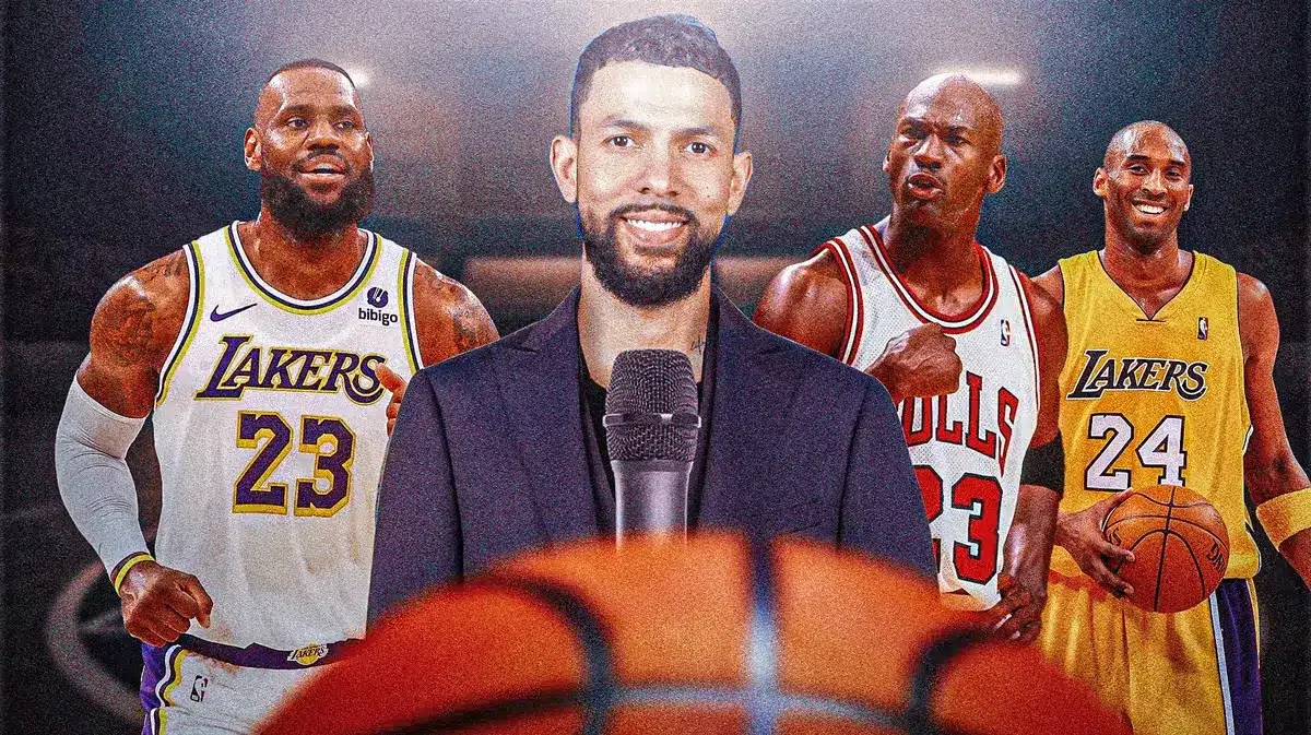 Photo: Austin Rivers with microphone and suit, with NBA logo and small pictures of LeBron James, Michael Jordan, and Kobe Bryant behind him