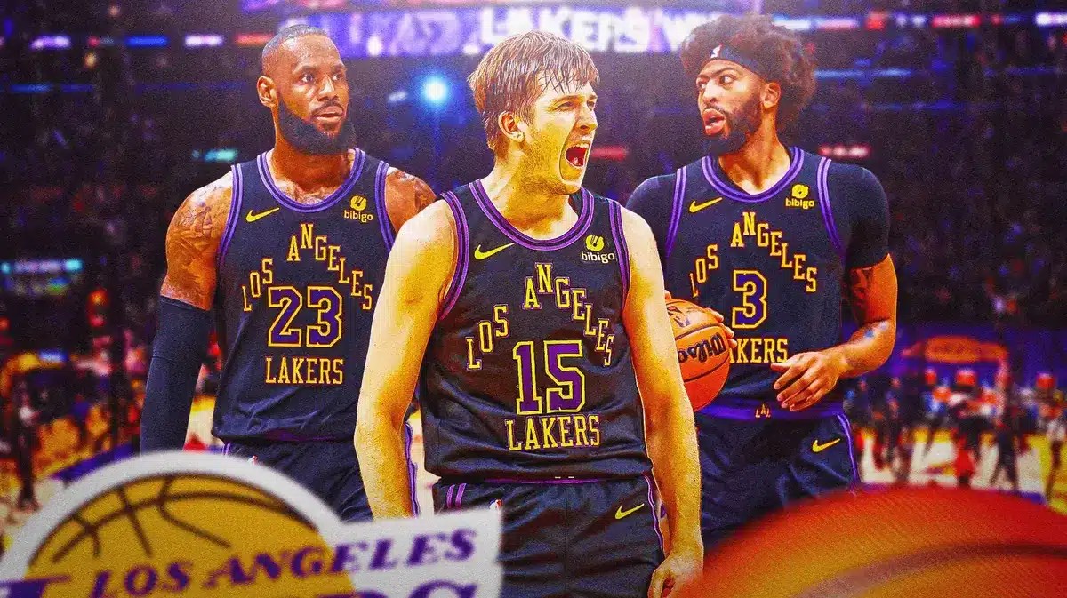 Los Angeles Lakers stars LeBron James, Austin Reaves, and Anthony Davis in front of Crypto.com Arena.