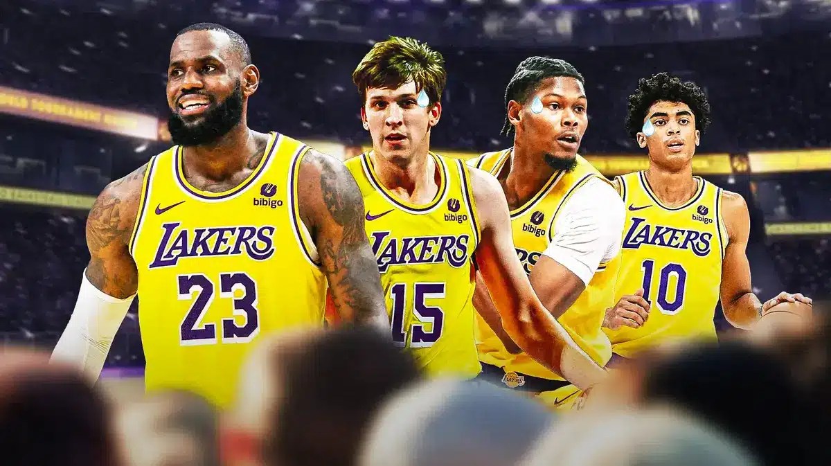 LeBron James with a laughing emoji as his face. Austin Reaves, Cam Reddish and Max Christie with a sweat emoji on their foreheads