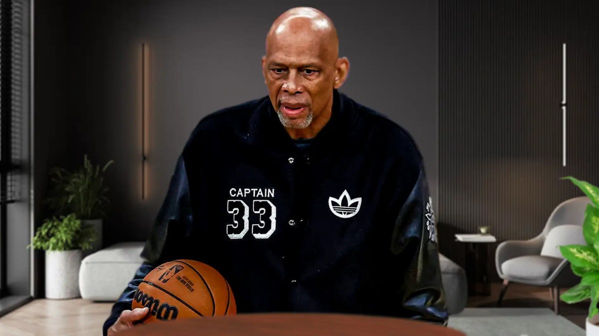 L.A. Lakers legend Kareem Abdul-Jabbar looks somber.