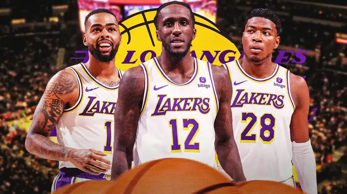 D’Angelo Russell, Taureen Prince and Rui Hachimura in the image, Los Angeles Lakers logo, basketball court in background