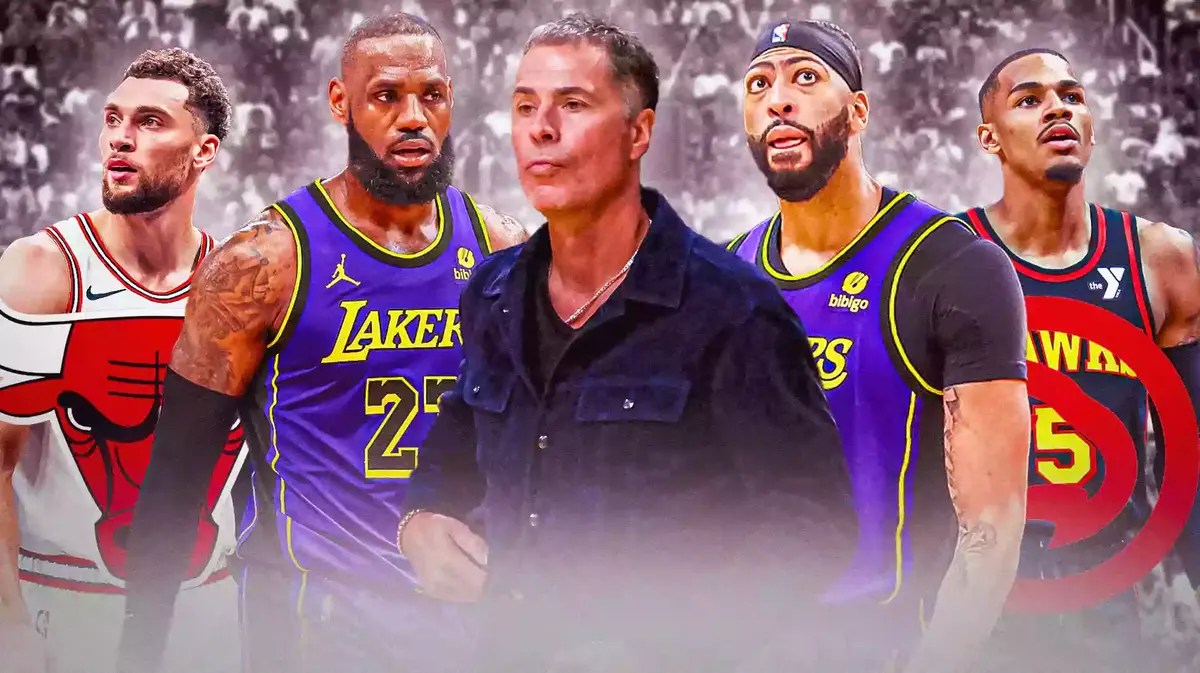 Rob Pelinka with LeBron James and Anthony Davis. Bulls' Zach LaVine and Hawks' Dejounte Murray next to them