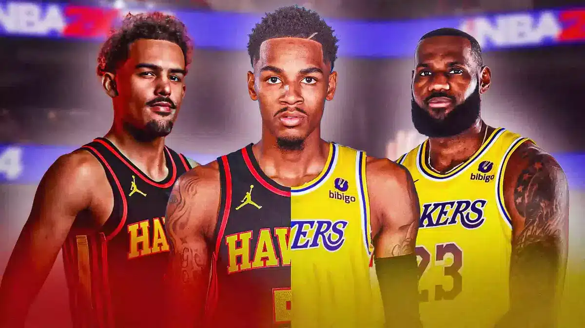 Dejounte Murray in half Hawks, half Lakers jersey next to LeBron James and Trae Young
