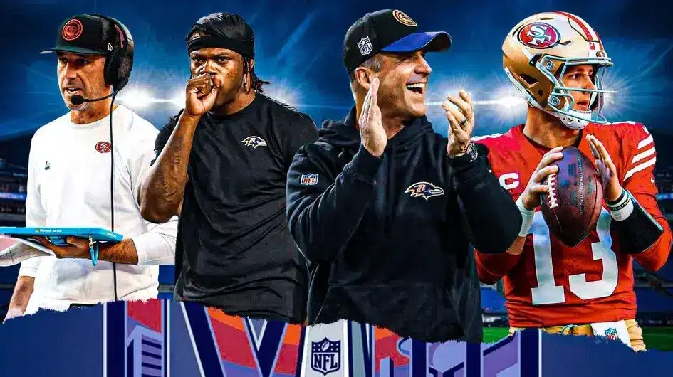 Ravens Lamar Jackson and 49ers Brock Purdy with the Super Bowl logo