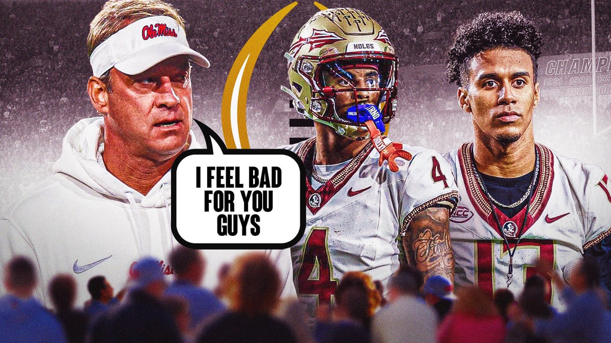 Photo request: Lane Kiffin saying “I feel bad for you guys” , Florida State football players (Jordan Travis, Keon Coleman) looking sad in the back, College Football Playoff logo in the back